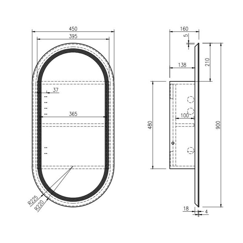 Athena 450 x 900mm LED Oval Wall-Hung Shaving Cabinet - Single Door