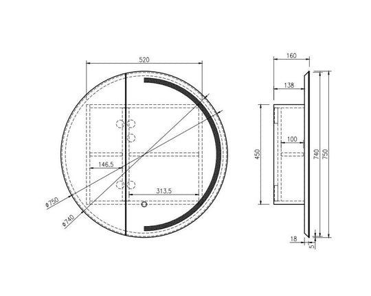 Athena 750mm LED Round Wall-Hung Shaving Cabinet - Single Door