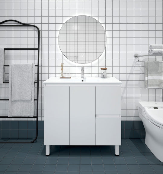 Meuble-lavabo sur pied BIANCA MDF SLIM 900 mm blanc brillant