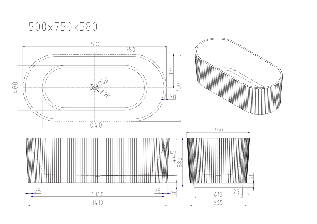 Rose Fluted V-Groove Freestanding Bathtub - Matt White