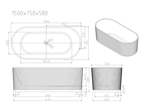 Rose Fluted V-Groove Freestanding Bathtub - Matt White
