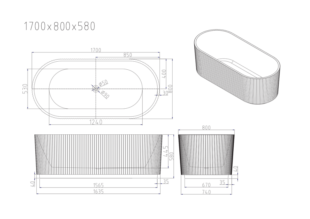 Rose Fluted V-Groove Freestanding Bathtub - Matt White