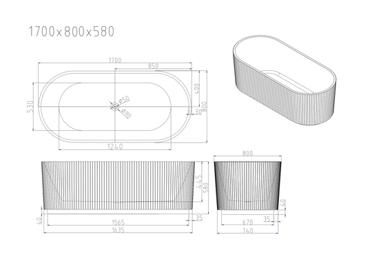 Rose Fluted V-Groove Freestanding Bathtub - Matt White