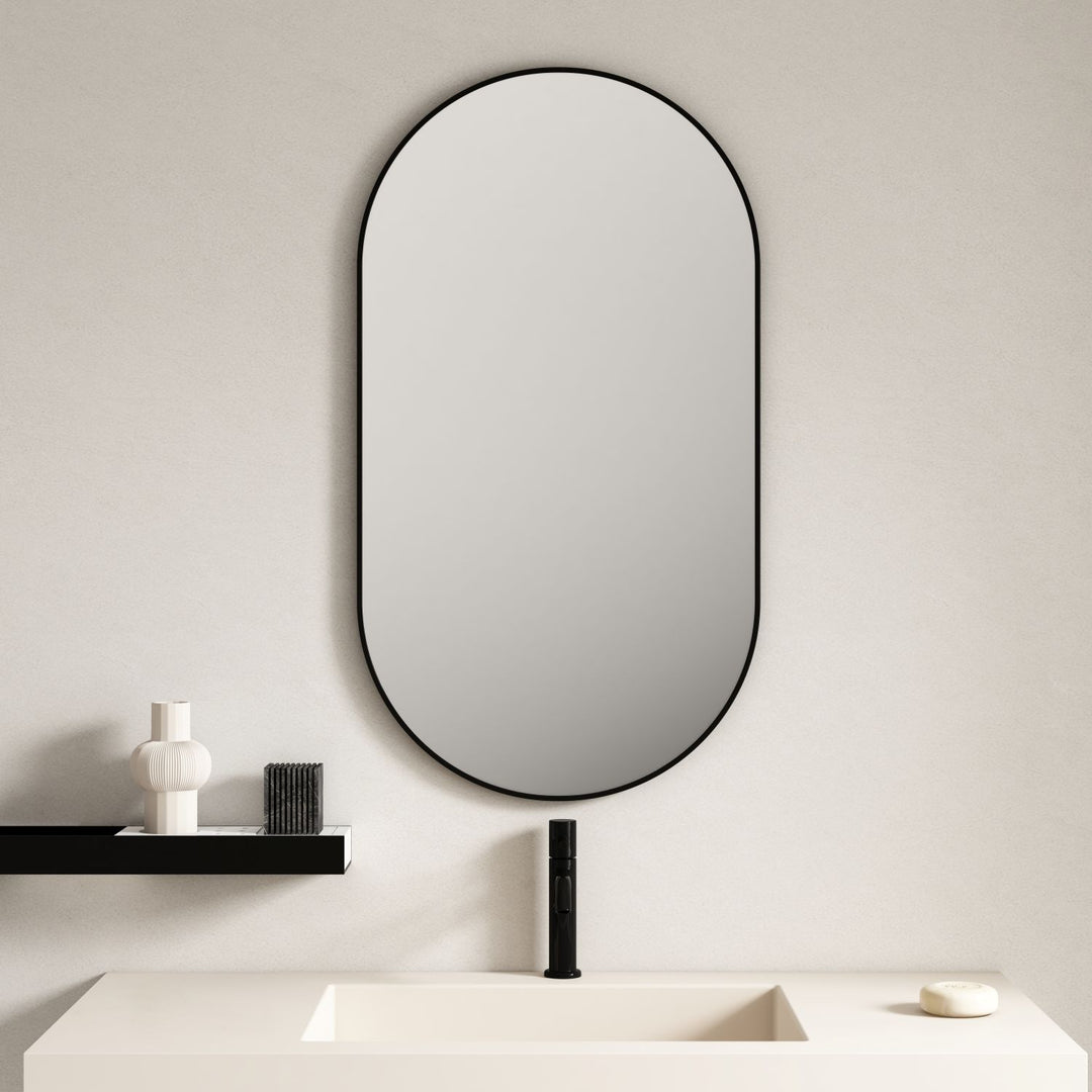 Aluminum Framed 500mm Oval Mirror – Matt Black