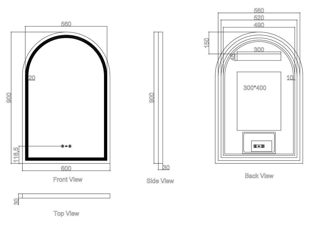 Freya 500/600×900mm LED Arch Mirror