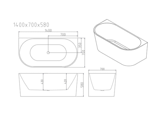 Musen Ultra-Thin Back-to-Wall Bathtub - Gloss White