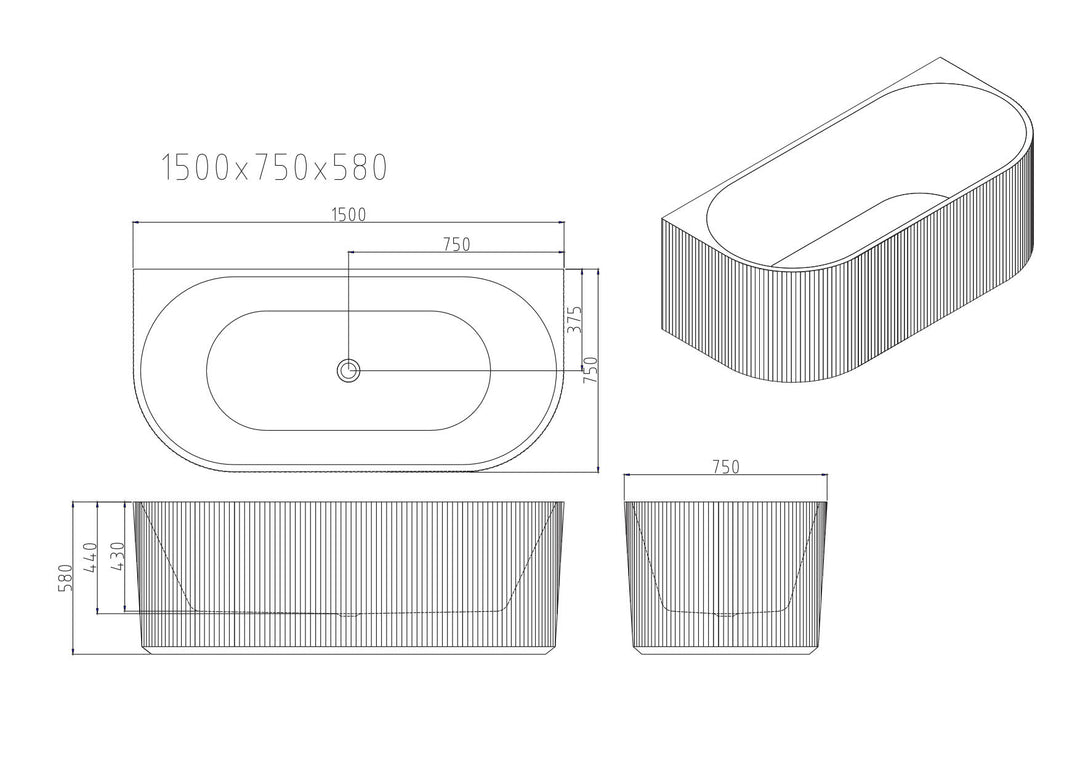 Rose Fluted Back-to-Wall Bathtub - Matt White