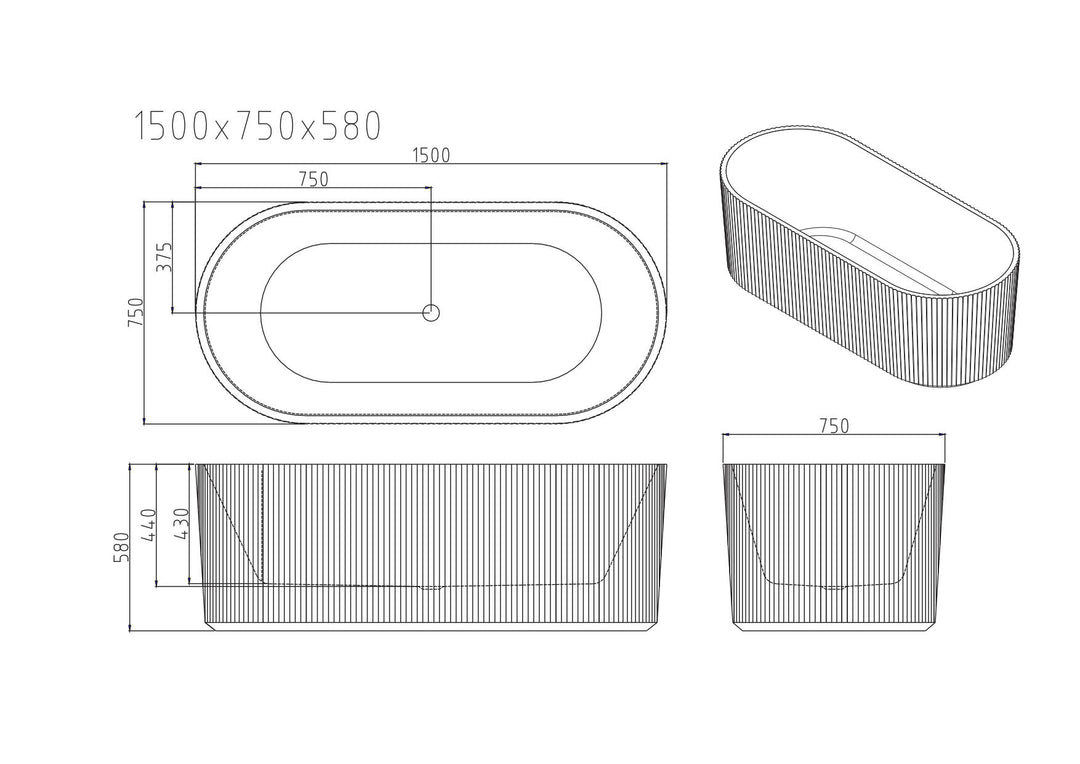 Rose Fluted V-Groove Freestanding Bathtub - Matt White