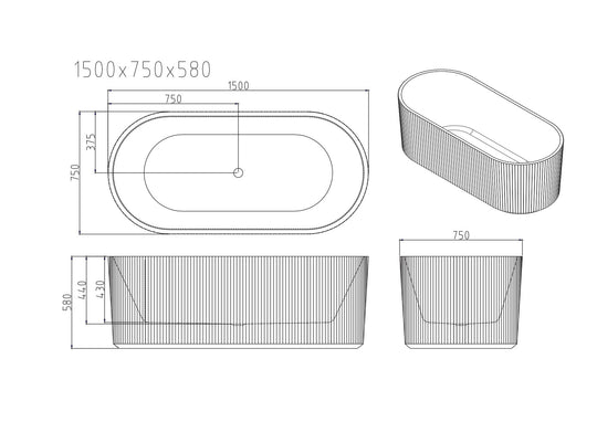 Rose Fluted V-Groove Freestanding Bathtub - Matt White