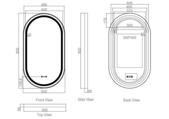 Venus 500×900mm LED Oval Mirror – Gun Metal Frame