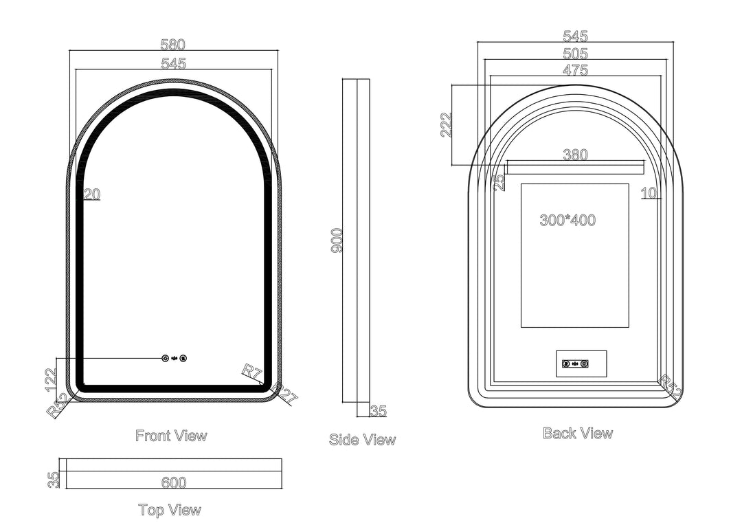 Venus 600×900mm LED Arch Mirror– Matt Black Frame