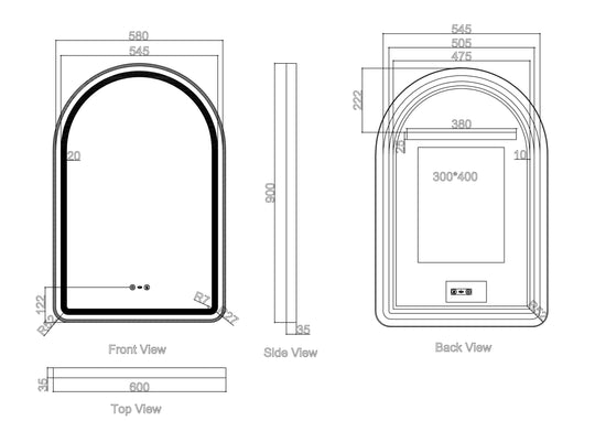 Venus 600×900mm LED Arch Mirror– Matt Black Frame